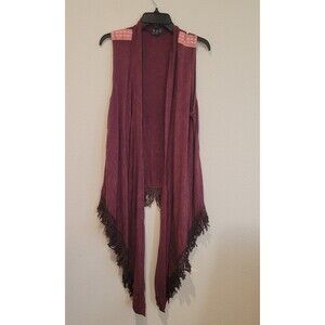 NWOT POL Women Open Front Sleeveless Cardigan Vest Fringed Hem Burgundy Small